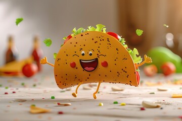 A playful taco character with a smile runs through colorful confetti, ideal for illustrations or graphics related to celebrations and fun events