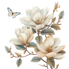 Obraz premium A delicate white butterfly flutters near a blooming magnolia flower with soft petals. The blossoms are surrounded by lush green leaves. Isolated on transparent background.