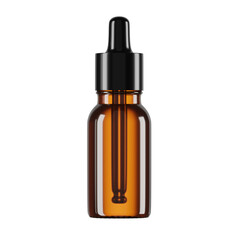 Essential serum oil in amber dropper bottle with black cap isolate on white front view. 3D Realistic