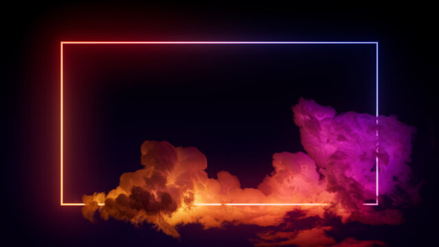 Trendy Background Design. Cloud Formation with Pink and Yellow, Rectangle shaped Neon Frame.