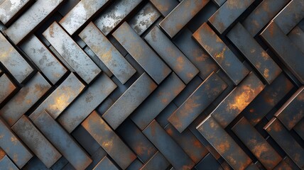 Rusty metal 3d stripes herringbone style abstract pattern background 