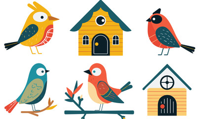 Brightly colored birds illustrated modern, flat design style, paired cartoonish birdhouses isolated white background, bird displays unique plumage patterns colors, while birdhouses feature