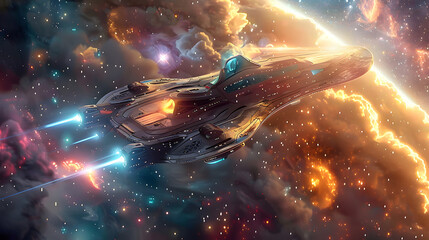 spaceship flying through the stars and nebulae in space. in a dynamic pose 