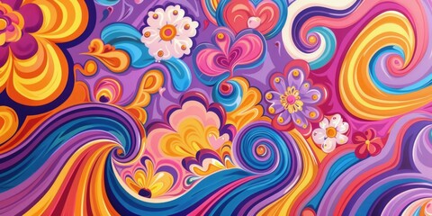 A vibrant painting featuring swirling shapes and blooming flowers, suitable for use in art, design, or decorative contexts