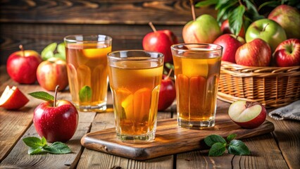 Glasses of apple cider with fresh apples on a wooden table.