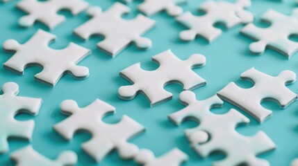 A collection of white puzzle pieces on a blue background, ideal for use in designs about simplicity, cleanliness, or creativity