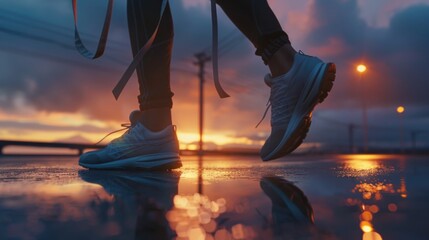Fototapeta premium A person is walking on a wet surface as the sun sets in the background