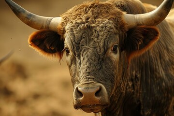 Close-up of a strong bull with sharp horns and textured fur against a blurred background