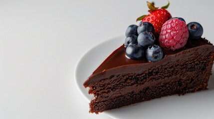 A slice of chocolate cake topped with mixed berries