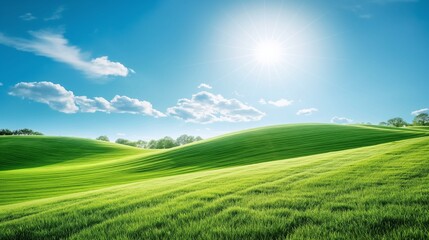 Lush green rolling hills under a clear blue sky with sunlight and scattered white clouds on a bright summer day in a tranquil countryside landscape