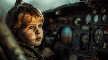 A young child sitting in the pilot's seat of a commercial airliner, wearing a uniform and looking out at the viewer