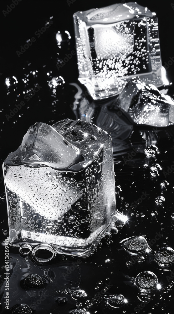 Poster Simple modern menu ice cubes and water black background. Generative AI.