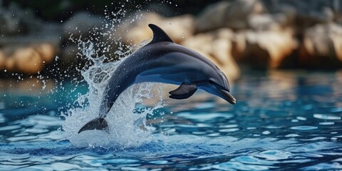Obraz premium A dolphin leaping out of the ocean with spray and foam, ideal for use in aquatic or marine-related contexts