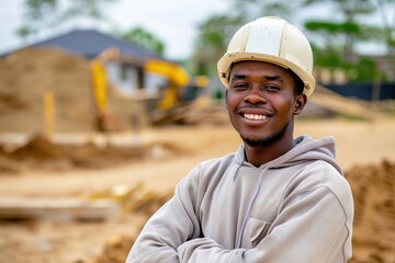 A man wearing a hard hat stands in front of a busy construction site with machinery and buildings in the background