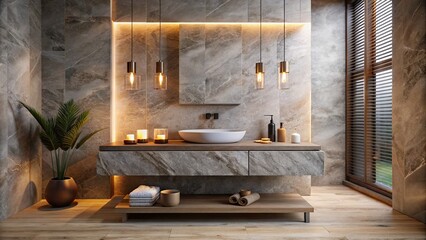 Luxurious bathroom with marble and wood accents.
