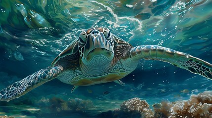 Fototapeta premium large sea turtle and coral