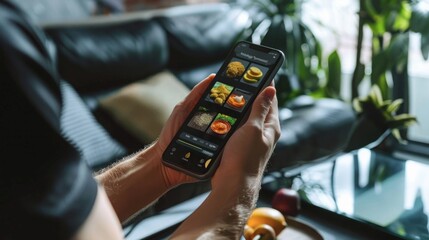 A person is sitting on a couch and using their smartphone to browse food recipes in an app. They are relaxing at home in a cozy setting.