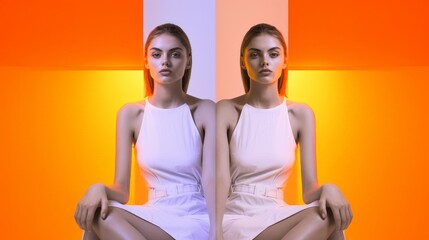 Fototapeta premium Striking Dual Portrait of a Woman in Futuristic Orange and White Setting