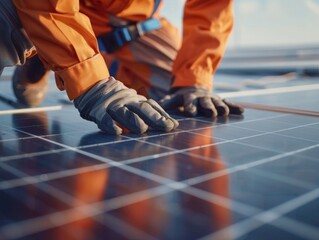 A person in an orange jumpsuit is working on a solar panel installation