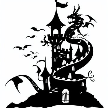 recommend clip art: A silhouette clipart of a dragon coiled around a castle tower