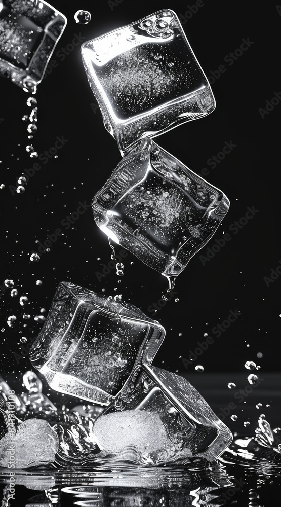 Poster Simple modern menu ice cubes and water black background. Generative AI.