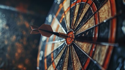 Close-up shot of a dart stuck in a bullseye target, often used for precision and accuracy demonstrations