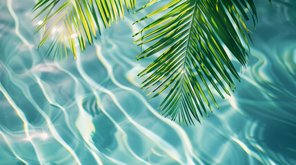 Surreal tropical palm leaves in transparent water with sunlight reflection. spa and wellness banner template background 