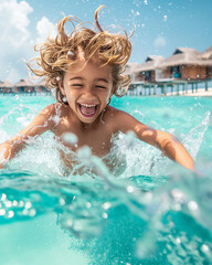 Cheerful young boy playing in turquoise sea by overwater bungalows. Concept of outdoor activities, family vacations and the spirit of adventure.
