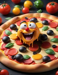 A playful cartoon pizza with an animated face, featuring pepperoni, olives, and fresh basil. This whimsical image is perfect for children's menus, party invitations, or any fun food-related content