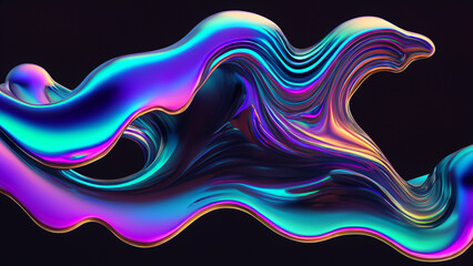 Fototapeta premium Wavy liquid blob shape with holographic colors on a black background art illustration design