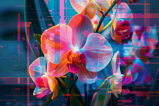 An artistic representation of vibrant pink and purple orchids set against a futuristic background.
