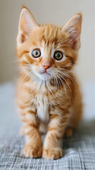 Adorable orange kitten with green eyes staring curiously.