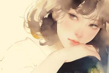 Serene Beauty in Watercolor Splendor | Elegant Female Portrait Artwork - 水彩画の素晴らしさの静謐な美しさ |エレガントな女性のポートレートアートワーク