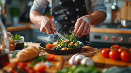 Man prepares a beautifully plated meal, showing culinary expertise