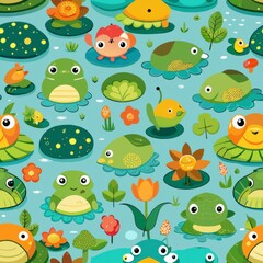 Seamless pattern of cute turtles with tiny ponds and lily pads, Generative AI