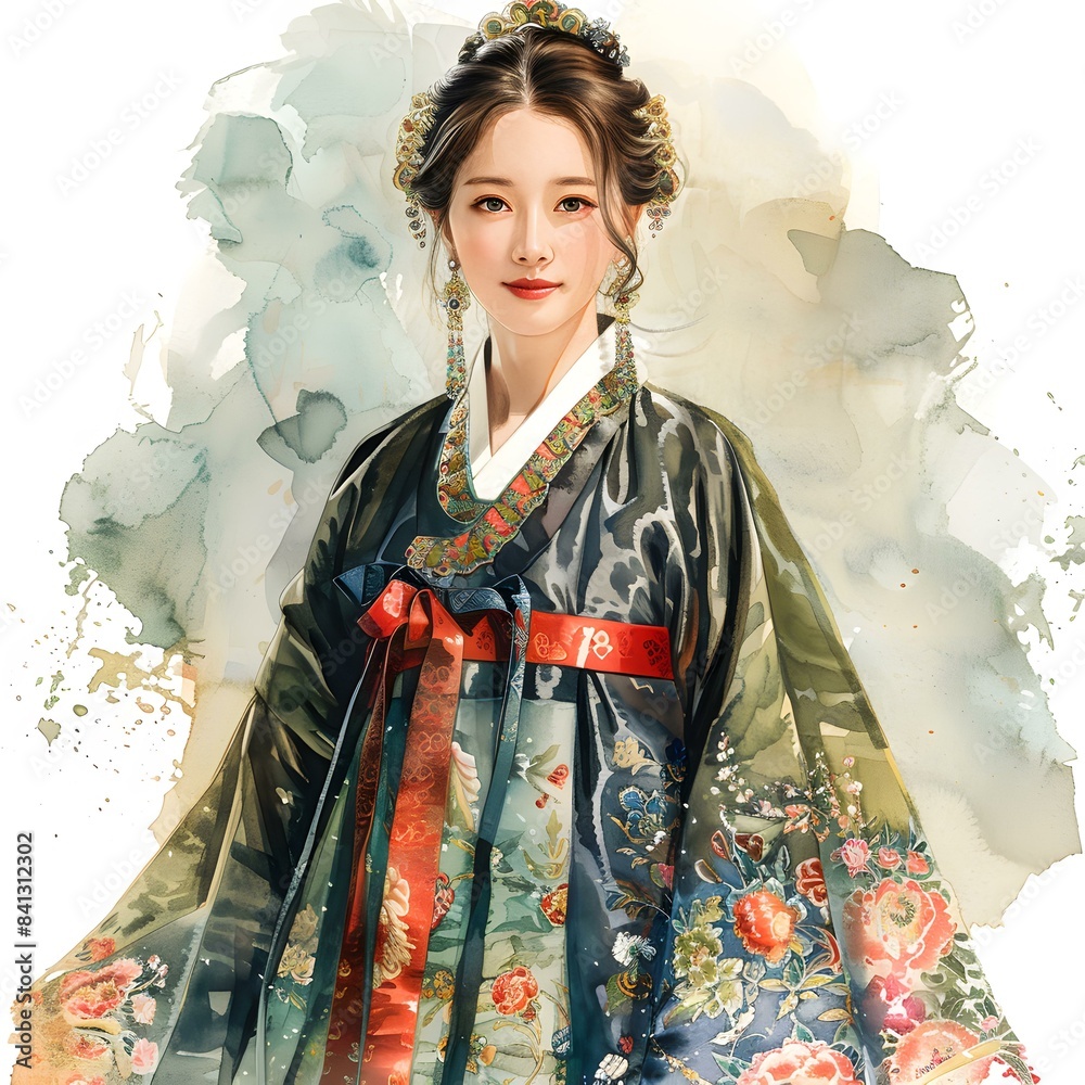 Wall mural Portrait of a young woman in traditional Korean dress