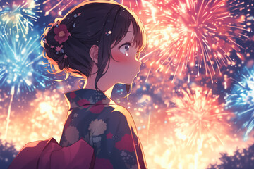 Serene Beauty in Yukata Admiring Fireworks in High Resolution Image -  高解像度画像で花火を鑑賞する浴衣姿の静謐な美女