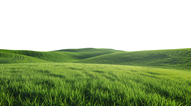 Green rolling hills with lush grass and gentle slopes on a clear day, isolated on a transparent background.