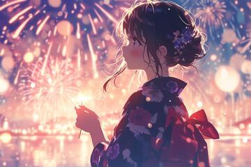 Enchanting Moment: Adorable Girl in Yukata Gazing at Sparkling Fireworks - 艶やかなひととき 浴衣姿の女の子が花火を見つめる