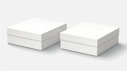 Two small white boxes sit together on a surface, possibly used for storage or display