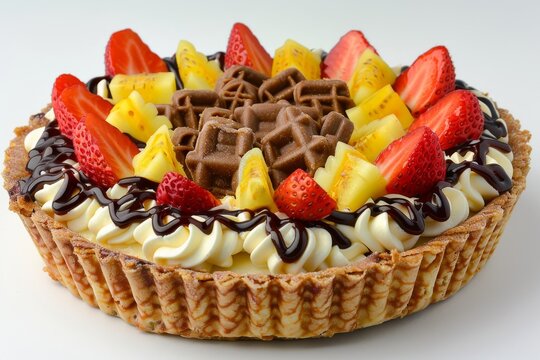 Fresh fruit tart topped with strawberries, kiwis, and blueberries, perfect for a refreshing and light dessert option