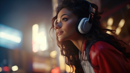 A woman wearing headphones looks off-camera, possibly lost in thought or listening to music