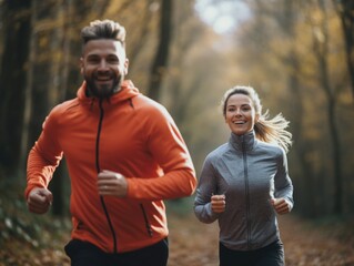 Fototapeta premium A couple running together through a dense forest, surrounded by trees and foliage