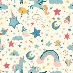 A seamless pattern with a magical theme featuring colourful stars, flying elements, and graphic birthday icons, designed in rainbow and pastel hues for prints and posters