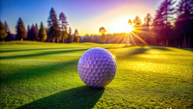 Golf ball on a lush green course at sunset.