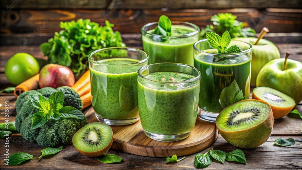 Poster Glasses of green smoothies with fresh fruits.