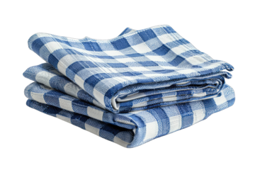 Blue and white checkered cotton folded kitchen towel, isolated on transparent background