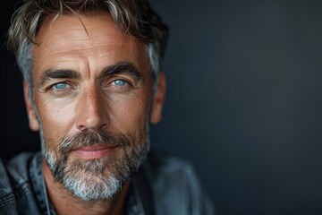 A man with a beard and blue eyes is smiling