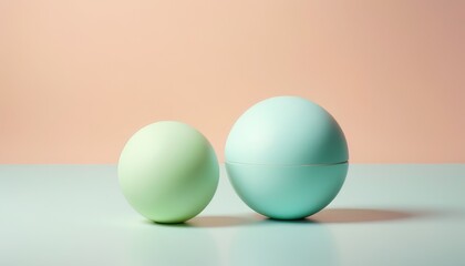 Two pastel-colored spheres, one green and one blue, sit side by side on a soft gradient background. The minimalist composition highlights the smooth, matte texture and subtle colors.. AI Generation
