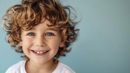portrait of a smiling kid on a solid background, Child's happiness 